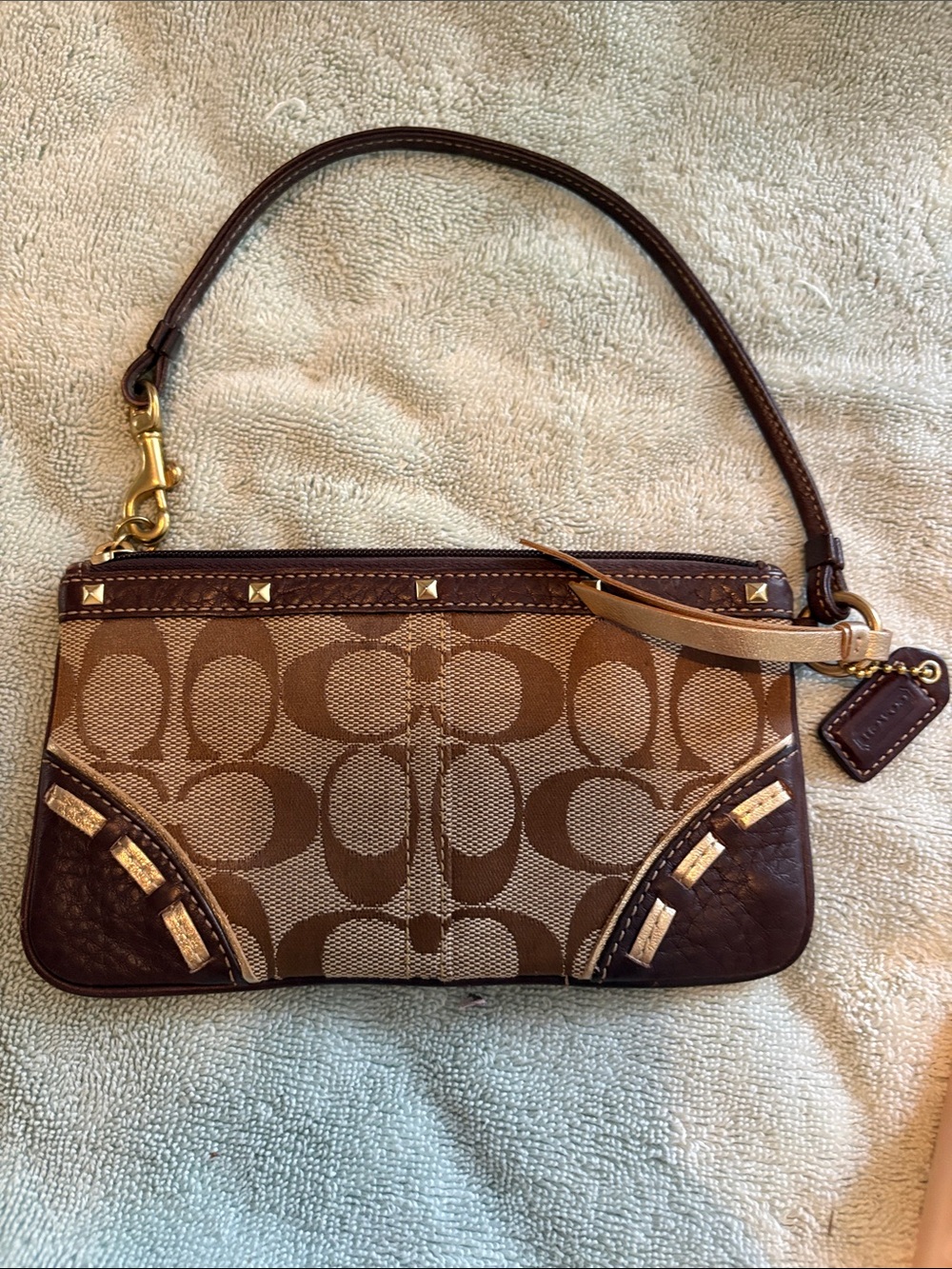 Coach Brown Signature Canvas Wristlet with Leather Trim